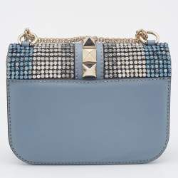 Pre Owned Valentino Blue Leather Small Crystal Embellished Glam Lock Rockstud Shoulder Bag