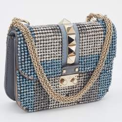 Pre Owned Valentino Blue Leather Small Crystal Embellished Glam Lock Rockstud Shoulder Bag
