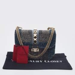 Pre Owned Valentino Blue Leather Small Crystal Embellished Glam Lock Rockstud Shoulder Bag