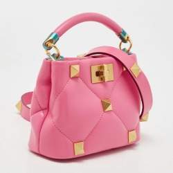 Valentino Pink Quilted Leather Small Roman Stud Top Handle Bag