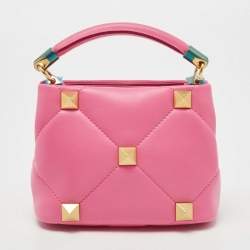 Valentino Pink Quilted Leather Small Roman Stud Top Handle Bag
