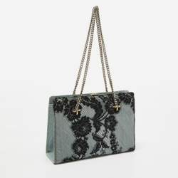 Pre Owned Valentino Blue/Black Lace and Lizard Frame Chain Shoulder Bag