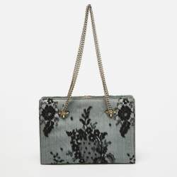 Pre Owned Valentino Blue/Black Lace and Lizard Frame Chain Shoulder Bag