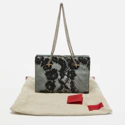 Pre Owned Valentino Blue/Black Lace and Lizard Frame Chain Shoulder Bag