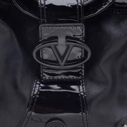 Pre Owned Valentino Black Patent Leather and Coated Canvas Catch Hobo