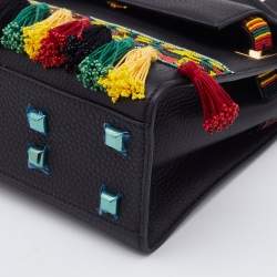 Pre Owned Valentino Black Leather Small Beads Embellished Rockstud Rolling Top Handle Bag