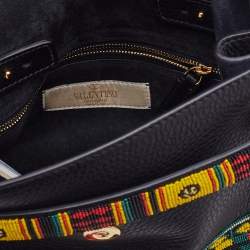 Pre Owned Valentino Black Leather Small Beads Embellished Rockstud Rolling Top Handle Bag