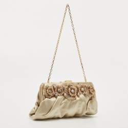 مملوكة مسبقًا Valentino Beige Satin Floral Crystal Embellished Chain Clutch