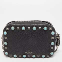 Pre Owned Valentino Black Leather Mini Rolling Rockstud Camera Chain Bag