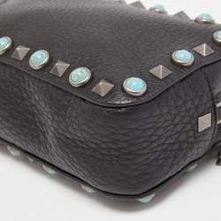 Pre Owned Valentino Black Leather Mini Rolling Rockstud Camera Chain Bag