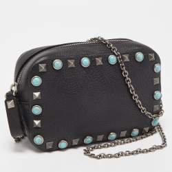 Pre Owned Valentino Black Leather Mini Rolling Rockstud Camera Chain Bag
