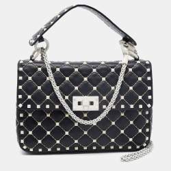 Pre Owned Valentino Black Quilted Leather Medium Rockstud Spike Top Handle Bag
