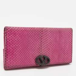 Pre Owned Valentino Fuchsia Snake Leather Crystal Catch Flap Wallet