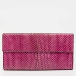 Pre Owned Valentino Fuchsia Snake Leather Crystal Catch Flap Wallet