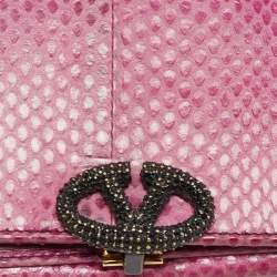Pre Owned Valentino Fuchsia Snake Leather Crystal Catch Flap Wallet