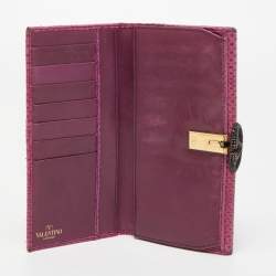 Pre Owned Valentino Fuchsia Snake Leather Crystal Catch Flap Wallet