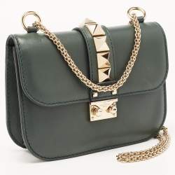 Pre Owned Valentino Green Leather Small Rockstud Glam Lock Flap Bag
