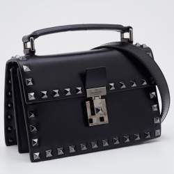 Valentino Black Leather Flap Rockstud Top Handle Bag
