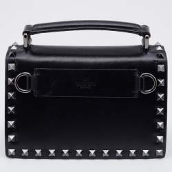 Valentino Black Leather Flap Rockstud Top Handle Bag