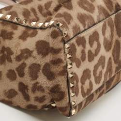 Pre Owned Valentino Beige Leopard Print Calfhair and Leather Small Rockstud Trapeze Tote