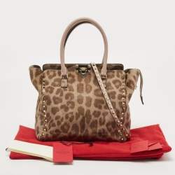 Pre Owned Valentino Beige Leopard Print Calfhair and Leather Small Rockstud Trapeze Tote