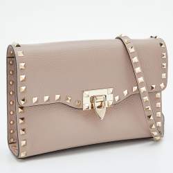 Pre Owned Valentino Pink Leather Rockstud Flap Crossbody Bag