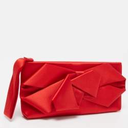 Pre Owned Valentino Red Satin Pleated Bow Clutch