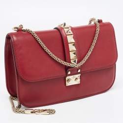 Pre Owned Valentino Red Leather Medium Rockstud Glam Lock Flap Bag