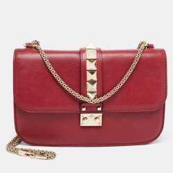 Valentino Red Leather Medium Glam Lock Chain Shoulder Bag