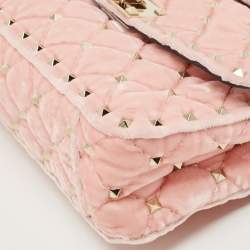 Pre Owned Valentino Pink Quilted Velvet Small Rockstud Spike Top Handle Bag