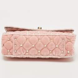 Pre Owned Valentino Pink Quilted Velvet Small Rockstud Spike Top Handle Bag
