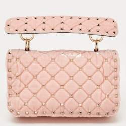 Pre Owned Valentino Pink Quilted Velvet Small Rockstud Spike Top Handle Bag