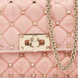 Pre Owned Valentino Pink Quilted Velvet Small Rockstud Spike Top Handle Bag