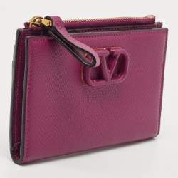 Pre Owned Valentino Burgundy Leather VLogo Bifold Card Case