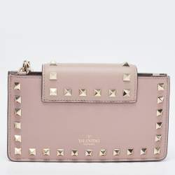 Pre Owned Valentino Beige Leather Rockstud Phone Wristlet Pouch