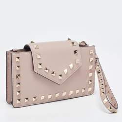 Pre Owned Valentino Beige Leather Rockstud Phone Wristlet Pouch