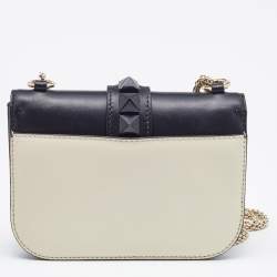 Pre Owned Valentino Off White/Black Leather Small Rockstud Glam Lock Flap Bag