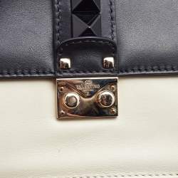 Pre Owned Valentino Off White/Black Leather Small Rockstud Glam Lock Flap Bag