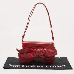 Pre Owned Valentino Red Lizard Bow Flap Shoulder Bag