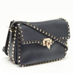 Pre Owned Valentino Blue Grain Leather Medium Rockstud Flap Shoulder Bag