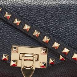 Pre Owned Valentino Blue Grain Leather Medium Rockstud Flap Shoulder Bag