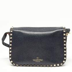 Pre Owned Valentino Blue Grain Leather Medium Rockstud Flap Shoulder Bag