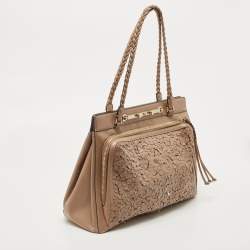 Pre Owned Valentino Beige Leather Floral Appliqué Demetra Tote