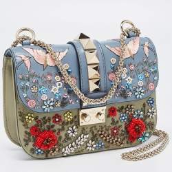 Pre Owned Valentino Multicolor Leather Small Floral Embroidered Rockstud Glam Lock Flap Bag
