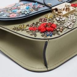 Pre Owned Valentino Multicolor Leather Small Floral Embroidered Rockstud Glam Lock Flap Bag