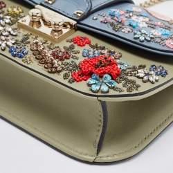 Pre Owned Valentino Multicolor Leather Small Floral Embroidered Rockstud Glam Lock Flap Bag