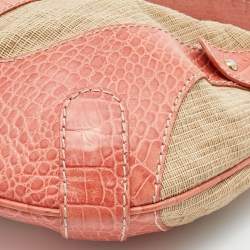 Pre Owned Valentino Beige/Orange Croc Embossed Leather and Straw Catch Hobo