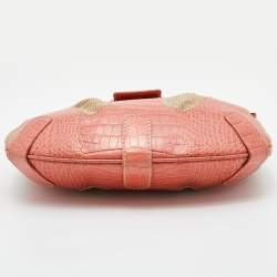 Pre Owned Valentino Beige/Orange Croc Embossed Leather and Straw Catch Hobo