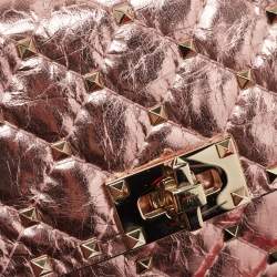 Pre Owned Valentino Metallic Rose Quilted Leather Rockstud Spike Chain Clutch 