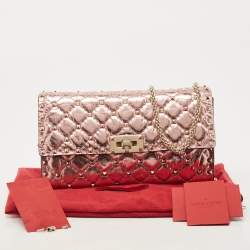 Pre Owned Valentino Metallic Rose Quilted Leather Rockstud Spike Chain Clutch 